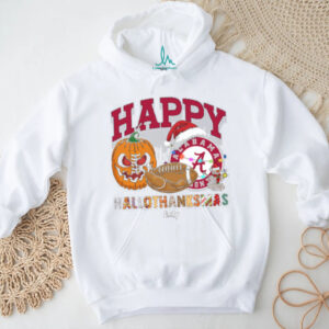 Personalized Alabama Crimson Tide HalloThanksMas Tee, Funny Holiday Shirt with Pumpkin Football Santa Hat, NCAA Gift for Halloween Thanksgiving Christmas
