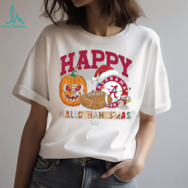 Personalized Alabama Crimson Tide HalloThanksMas Tee, Funny Holiday Shirt with Pumpkin Football Santa Hat, NCAA Gift for Halloween Thanksgiving Christmas