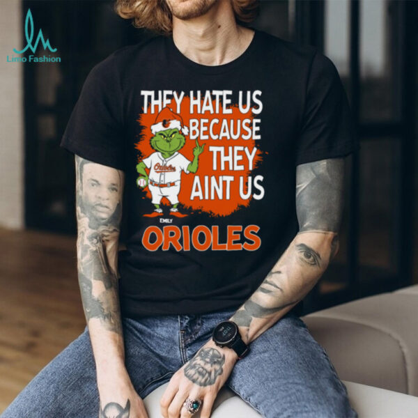 Personalized Baltimore Orioles Grinch Christmas Tee, Santa Baseball Shirt with Quote They Hate Us Ain’t Us, Funny MLB Gift