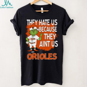 Personalized Baltimore Orioles Grinch Christmas Tee, Santa Baseball Shirt with Quote They Hate Us Ain’t Us, Funny MLB Gift