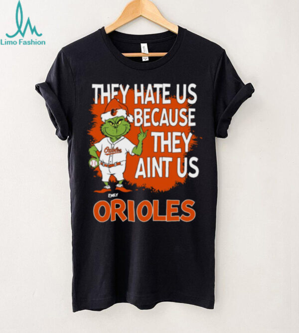 Personalized Baltimore Orioles Grinch Christmas Tee, Santa Baseball Shirt with Quote They Hate Us Ain’t Us, Funny MLB Gift