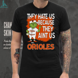 Personalized Baltimore Orioles Grinch Christmas Tee, Santa Baseball Shirt with Quote They Hate Us Ain’t Us, Funny MLB Gift