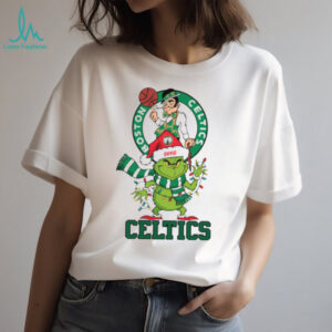 Personalized Boston Celtics Grinch Christmas Tee, Funny Holiday Shirt with Santa Hat Lights Scarf, NBA Basketball Fan Gift