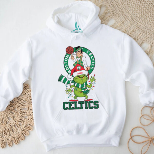 Personalized Boston Celtics Grinch Christmas Tee, Funny Holiday Shirt with Santa Hat Lights Scarf, NBA Basketball Fan Gift