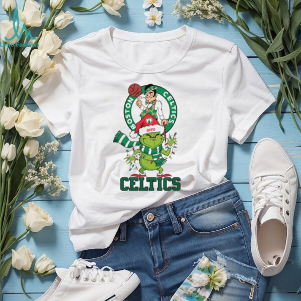 Personalized Boston Celtics Grinch Christmas Tee, Funny Holiday Shirt with Santa Hat Lights Scarf, NBA Basketball Fan Gift