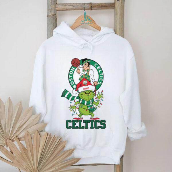 Personalized Boston Celtics Grinch Christmas Tee, Funny Holiday Shirt with Santa Hat Lights Scarf, NBA Basketball Fan Gift