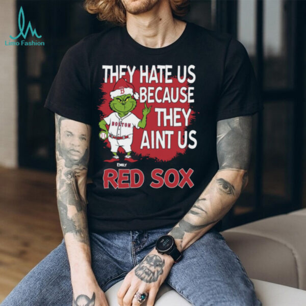 Personalized Boston Red Sox Grinch Christmas Tee, Funny Santa Baseball Shirt with Quote They Hate Us Ain’t Us, MLB Gift