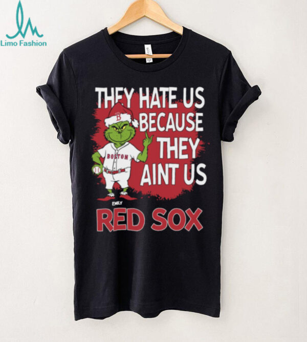 Personalized Boston Red Sox Grinch Christmas Tee, Funny Santa Baseball Shirt with Quote They Hate Us Ain’t Us, MLB Gift