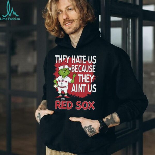Personalized Boston Red Sox Grinch Christmas Tee, Funny Santa Baseball Shirt with Quote They Hate Us Ain’t Us, MLB Gift