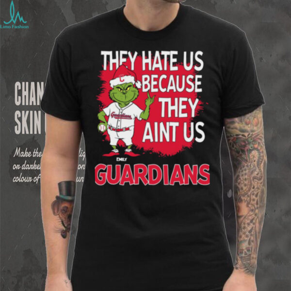 Personalized Cleveland Guardians Grinch Christmas Tee, Funny Santa Baseball Shirt with Quote They Hate Us Ain’t Us, MLB Fan Gift