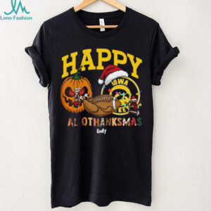 Personalized Iowa Hawkeyes HalloThanksMas Tee, Funny Holiday Shirt with Pumpkin Football Santa Hat, NCAA Fan Gift for Halloween Thanksgiving Christmas