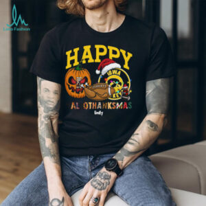 Personalized Iowa Hawkeyes HalloThanksMas Tee, Funny Holiday Shirt with Pumpkin Football Santa Hat, NCAA Fan Gift for Halloween Thanksgiving Christmas