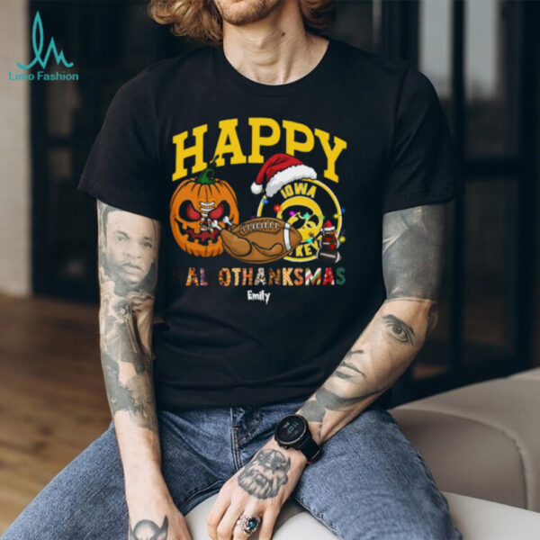 Personalized Iowa Hawkeyes HalloThanksMas Tee, Funny Holiday Shirt with Pumpkin Football Santa Hat, NCAA Fan Gift for Halloween Thanksgiving Christmas