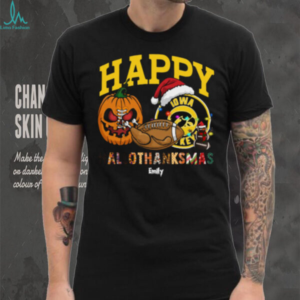 Personalized Iowa Hawkeyes HalloThanksMas Tee, Funny Holiday Shirt with Pumpkin Football Santa Hat, NCAA Fan Gift for Halloween Thanksgiving Christmas