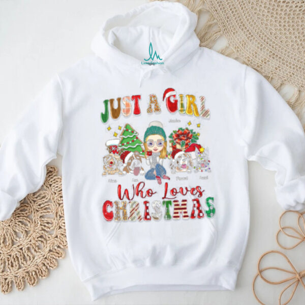 Personalized Just a Girl Who Loves Christmas Shirt, Custom Dog & Cat Lover Tee with Names, Cute Holiday Gift for Women