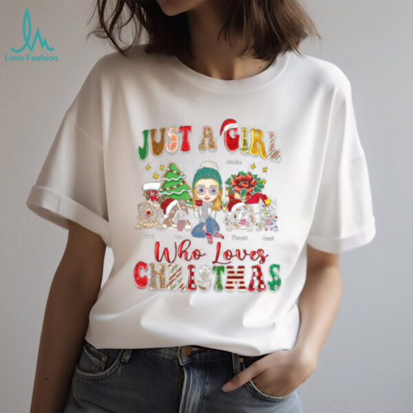 Personalized Just a Girl Who Loves Christmas Shirt, Custom Dog & Cat Lover Tee with Names, Cute Holiday Gift for Women