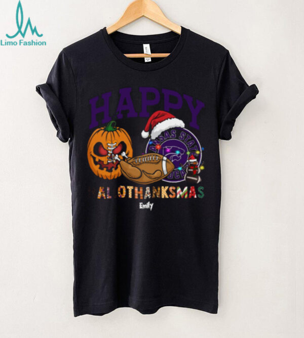 Personalized Kansas State Wildcats HalloThanksMas Tee, Funny Holiday Shirt with Pumpkin Football Santa Hat, NCAA Fan Gift for Halloween Thanksgiving Christmas