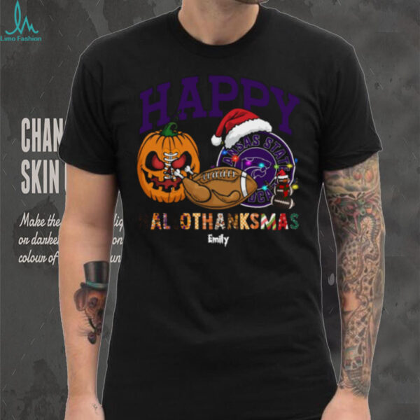 Personalized Kansas State Wildcats HalloThanksMas Tee, Funny Holiday Shirt with Pumpkin Football Santa Hat, NCAA Fan Gift for Halloween Thanksgiving Christmas