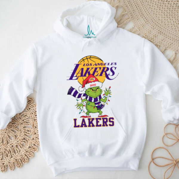 Personalized Lakers Christmas Shirt, Grinch Santa Hat Holiday Tee with Lights Scarf, Cute NBA Basketball Gift for Fans