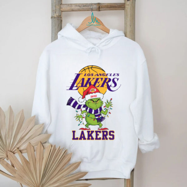 Personalized Lakers Christmas Shirt, Grinch Santa Hat Holiday Tee with Lights Scarf, Cute NBA Basketball Gift for Fans