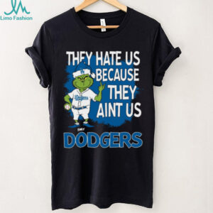 Personalized Los Angeles Dodgers Christmas Tee, Grinch Santa Baseball Shirt with Quote They Hate Us Ain’t Us, Funny MLB Gift