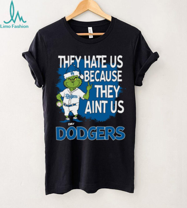 Personalized Los Angeles Dodgers Christmas Tee, Grinch Santa Baseball Shirt with Quote They Hate Us Ain’t Us, Funny MLB Gift