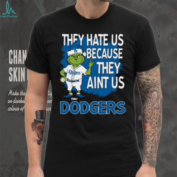 Personalized Los Angeles Dodgers Christmas Tee, Grinch Santa Baseball Shirt with Quote They Hate Us Ain’t Us, Funny MLB Gift