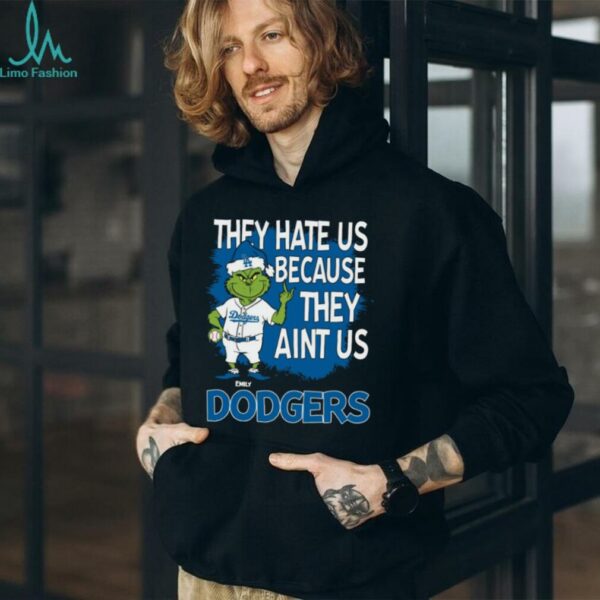 Personalized Los Angeles Dodgers Christmas Tee, Grinch Santa Baseball Shirt with Quote They Hate Us Ain’t Us, Funny MLB Gift