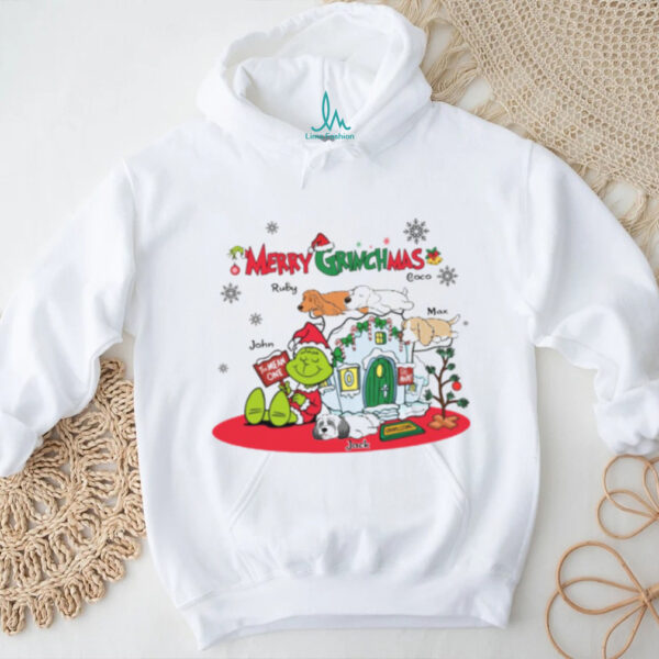 Personalized Merry Grinchmas Shirt, Custom Grinch Christmas T Shirt with Dogs and Family Names, Funny Holiday Gift
