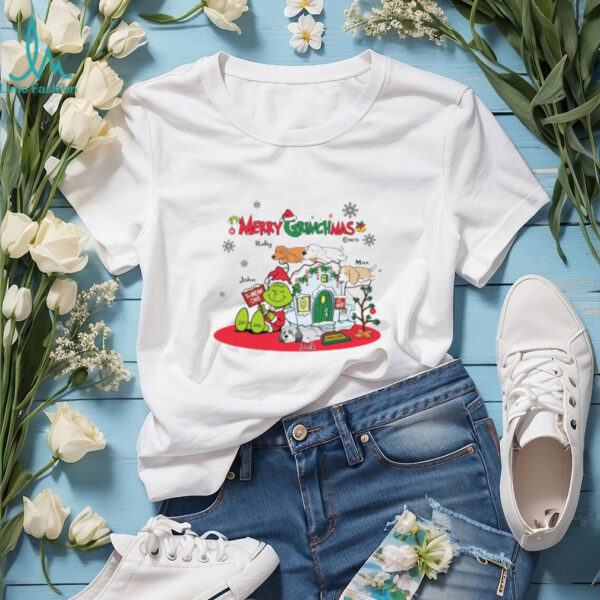 Personalized Merry Grinchmas Shirt, Custom Grinch Christmas T Shirt with Dogs and Family Names, Funny Holiday Gift