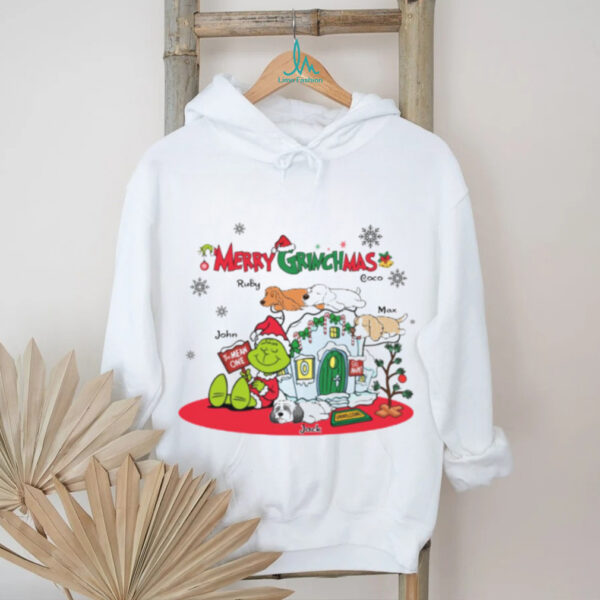Personalized Merry Grinchmas Shirt, Custom Grinch Christmas T Shirt with Dogs and Family Names, Funny Holiday Gift