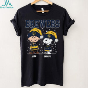 Personalized Milwaukee Brewers Christmas Shirt, Snoopy Charlie Brown Holiday Baseball Tee with Santa Hat, Funny MLB Gift Idea
