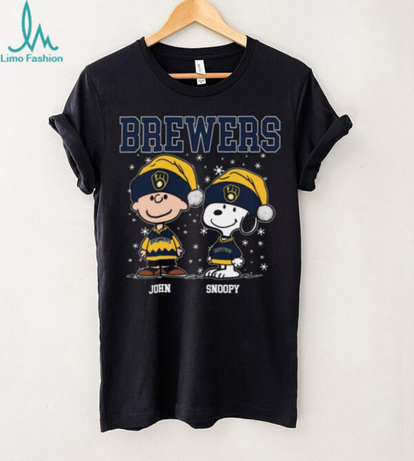 Personalized Milwaukee Brewers Christmas Shirt, Snoopy Charlie Brown Holiday Baseball Tee with Santa Hat, Funny MLB Gift Idea
