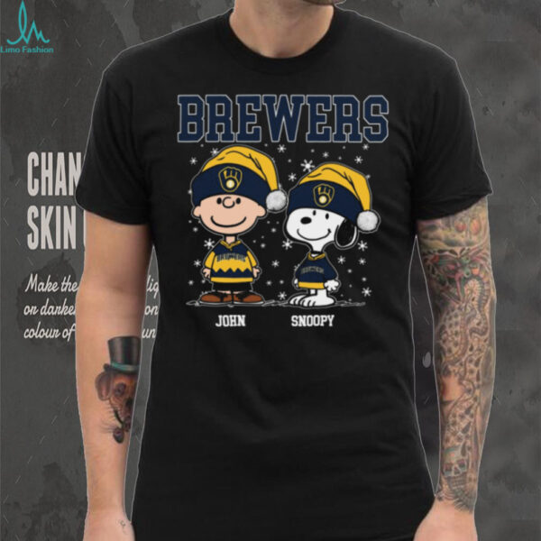 Personalized Milwaukee Brewers Christmas Shirt, Snoopy Charlie Brown Holiday Baseball Tee with Santa Hat, Funny MLB Gift Idea