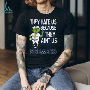 Personalized Milwaukee Brewers Funny Grinch Tee, Christmas Santa Baseball Shirt with Quote They Hate Us Ain’t Us, MLB Gift