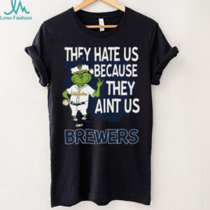 Personalized Milwaukee Brewers Funny Grinch Tee, Christmas Santa Baseball Shirt with Quote They Hate Us Ain’t Us, MLB Gift