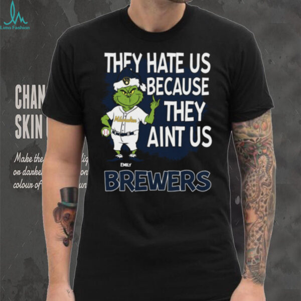 Personalized Milwaukee Brewers Funny Grinch Tee, Christmas Santa Baseball Shirt with Quote They Hate Us Ain’t Us, MLB Gift