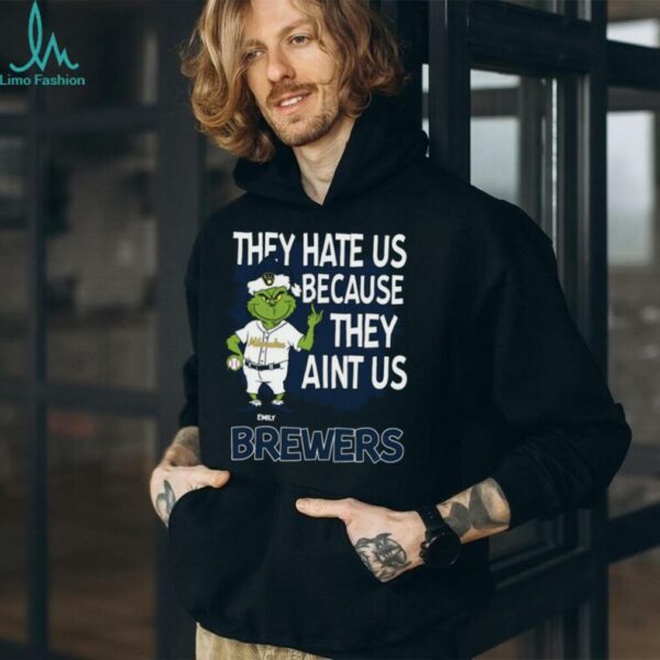 Personalized Milwaukee Brewers Funny Grinch Tee, Christmas Santa Baseball Shirt with Quote They Hate Us Ain’t Us, MLB Gift