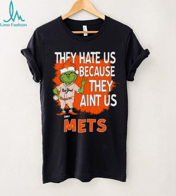 Personalized New York Mets Christmas Shirt, Grinch Santa Baseball Tee with Quote They Hate Us Ain’t Us, MLB Gift Idea