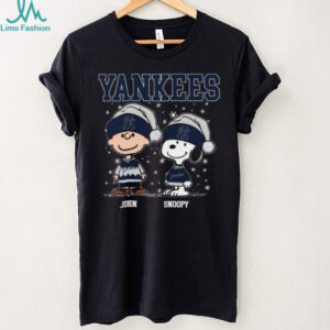 Personalized New York Yankees Christmas Tee, Snoopy Charlie Brown Holiday Shirt with Santa Hat, Funny MLB Fan Gift