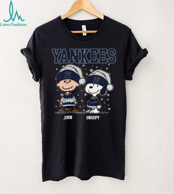 Personalized New York Yankees Christmas Tee, Snoopy Charlie Brown Holiday Shirt with Santa Hat, Funny MLB Fan Gift