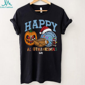Personalized North Carolina Tar Heels HalloThanksMas Tee, Funny Holiday Shirt with Pumpkin Santa Hat Football, NCAA Fan Gift for Halloween Thanksgiving Christmas