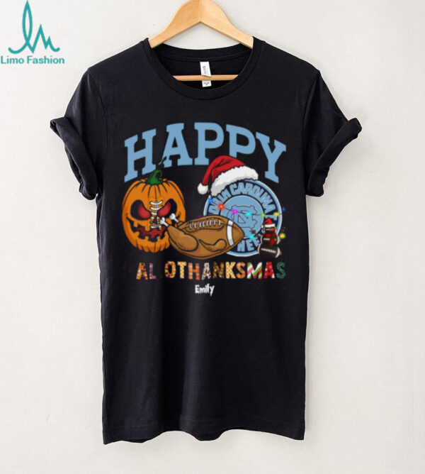 Personalized North Carolina Tar Heels HalloThanksMas Tee, Funny Holiday Shirt with Pumpkin Santa Hat Football, NCAA Fan Gift for Halloween Thanksgiving Christmas