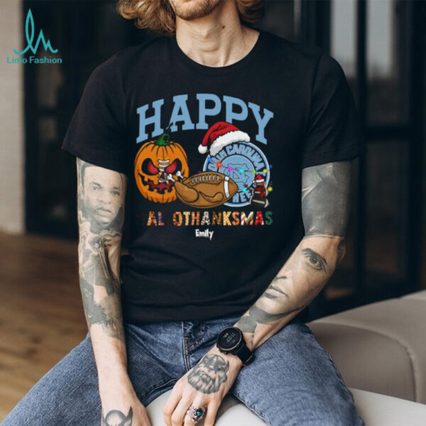 Personalized North Carolina Tar Heels HalloThanksMas Tee, Funny Holiday Shirt with Pumpkin Santa Hat Football, NCAA Fan Gift for Halloween Thanksgiving Christmas