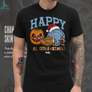 Personalized North Carolina Tar Heels HalloThanksMas Tee, Funny Holiday Shirt with Pumpkin Santa Hat Football, NCAA Fan Gift for Halloween Thanksgiving Christmas