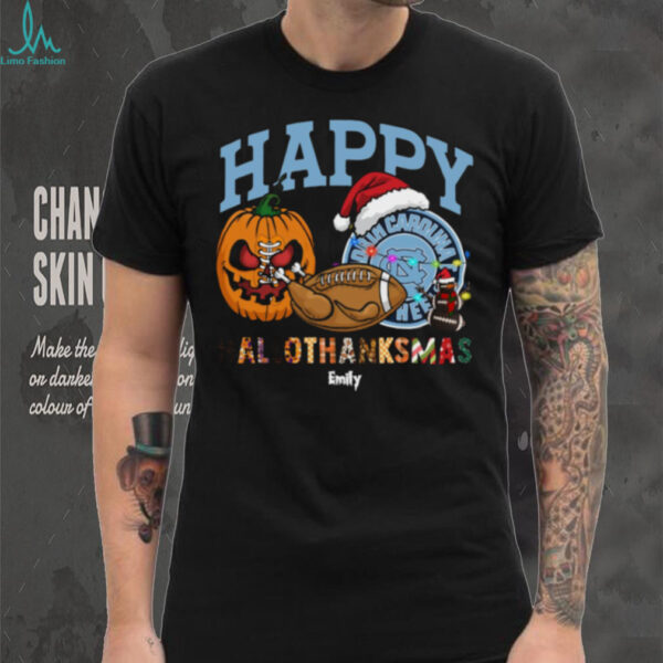 Personalized North Carolina Tar Heels HalloThanksMas Tee, Funny Holiday Shirt with Pumpkin Santa Hat Football, NCAA Fan Gift for Halloween Thanksgiving Christmas