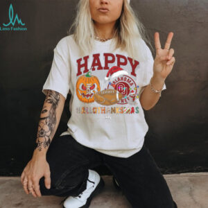 Personalized Oklahoma Sooners HalloThanksMas Tee, Funny Holiday Shirt with Pumpkin Football Santa Hat, NCAA Gift for Halloween Thanksgiving Christmas