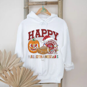 Personalized Oklahoma Sooners HalloThanksMas Tee, Funny Holiday Shirt with Pumpkin Football Santa Hat, NCAA Gift for Halloween Thanksgiving Christmas