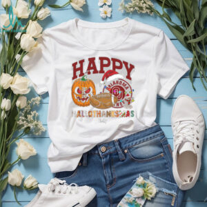 Personalized Oklahoma Sooners HalloThanksMas Tee, Funny Holiday Shirt with Pumpkin Football Santa Hat, NCAA Gift for Halloween Thanksgiving Christmas