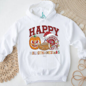 Personalized Oklahoma Sooners HalloThanksMas Tee, Funny Holiday Shirt with Pumpkin Football Santa Hat, NCAA Gift for Halloween Thanksgiving Christmas